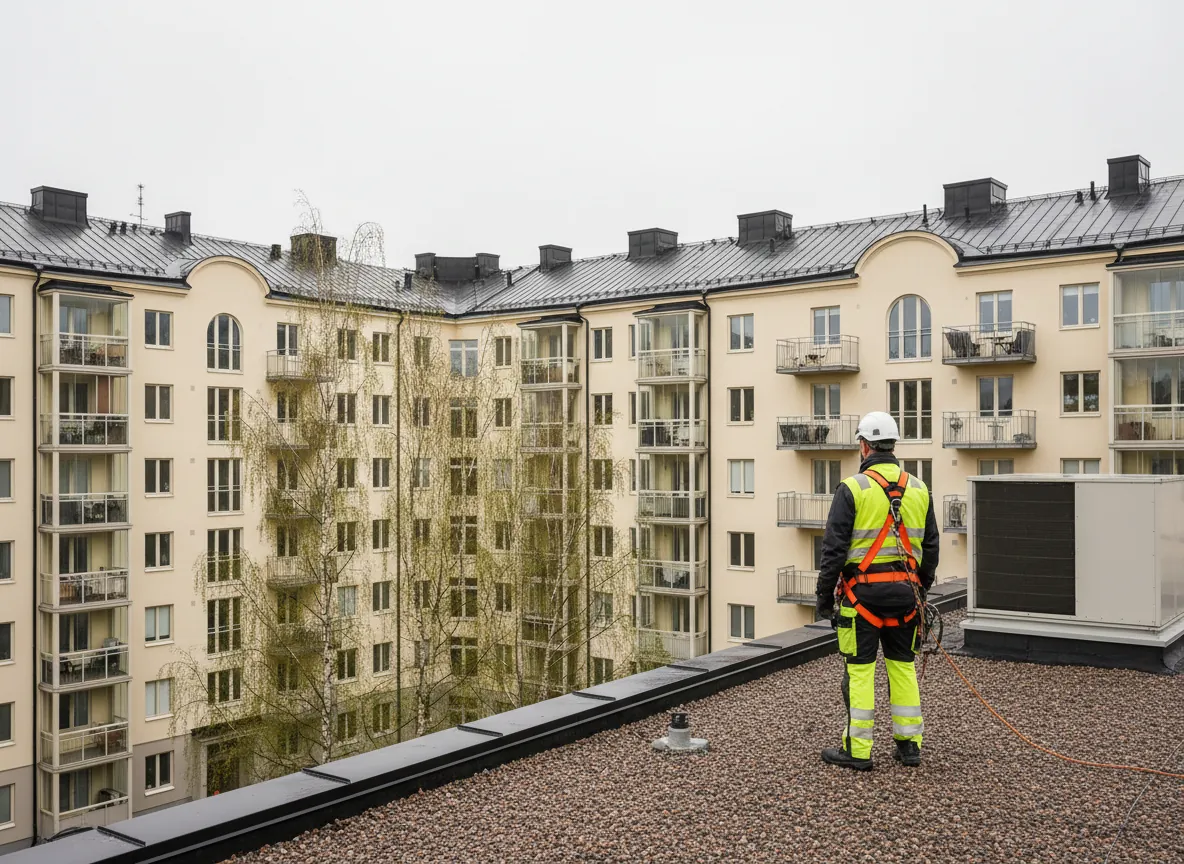 Person med skyddsutrustning på tak i svensk bostadsmiljö